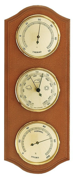 Barometr s teploměrem a vlhkoměrem na dřevěné podložce B203379