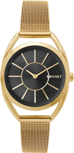 MINET Zlaté dámské hodinky ICON GOLD MESH s černým číselníkem