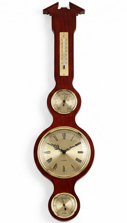Barometr s teploměrem vlhkoměrem  a hodinami na dřevěné podložce B204983