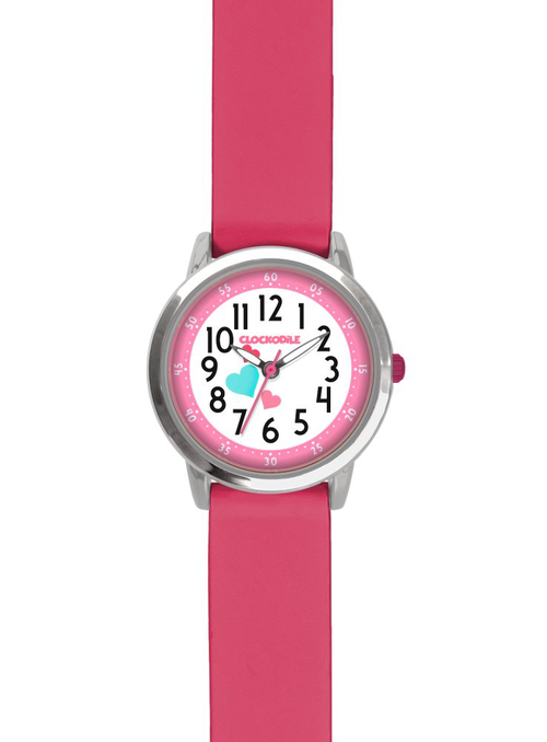 CLOCKODILE Růžové dívčí dětské hodinky se srdíčky a tmavě růžovým silikonovým řemínkem