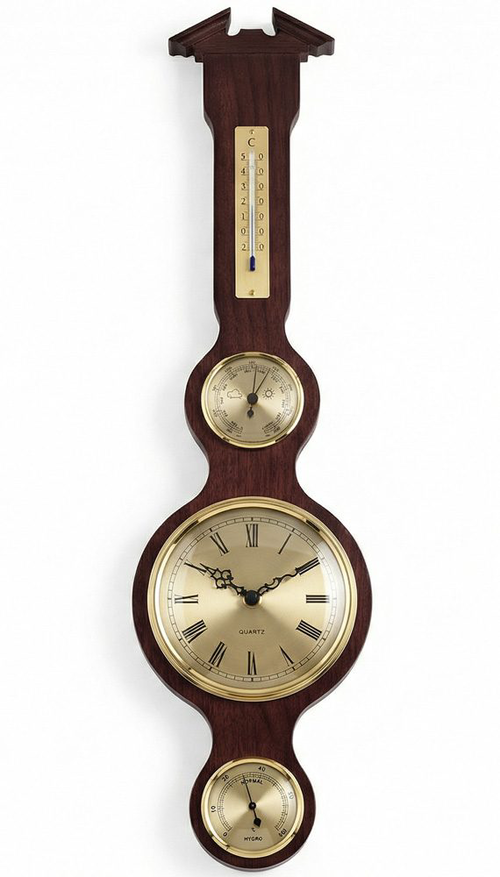 Barometr s teploměrem vlhkoměrem a hodinami na dřevěné podložce B204981