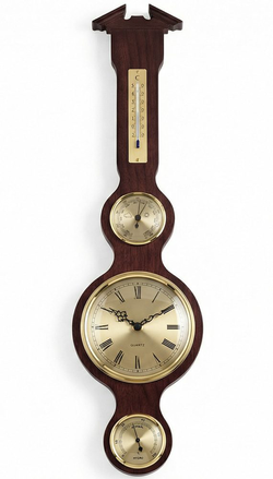 Barometr s teploměrem vlhkoměrem a hodinami na dřevěné podložce B204981