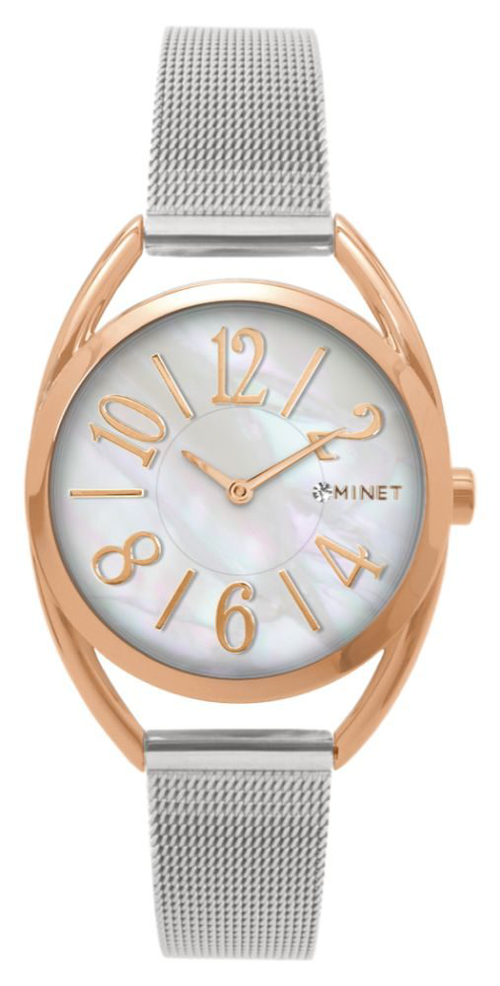 MINET Stříbrno-růžové dámské hodinky s čísly ICON ROSE GOLD PEARL MESH MWL5219