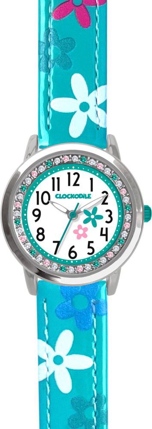 CLOCKODILE Tyrkysové dívčí dětské hodinky s kamínky a kytičkami