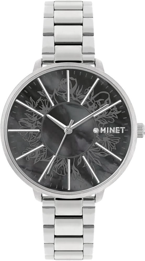 MINET Stříbrno-černé dámské hodinky PRAGUE Black Flower MWL5178