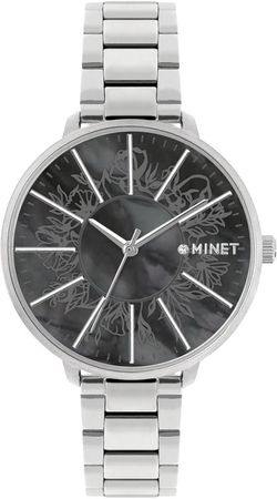 MINET Stříbrno-černé dámské hodinky PRAGUE Black Flower MWL5178